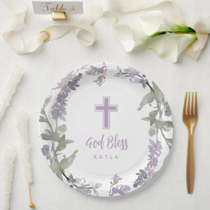 Lilac Wild Flower Wreath & Cross Baptism God Bless Paper Plate