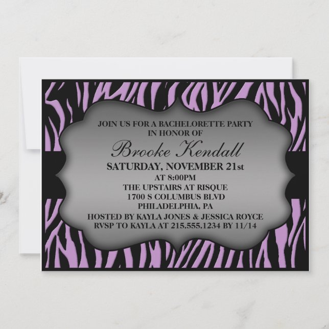 Lilac Wild Night Zebra Print Bachelorette Party Invitation (Front)