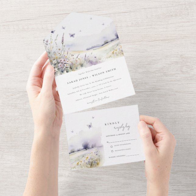 Lilac Wildflower Butterfly Field Landscape Wedding All In One Invitation (Tearaway)