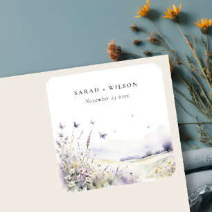 Lilac Wildflower Butterfly Field Landscape Wedding Square Sticker