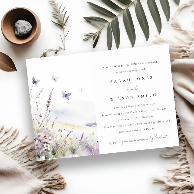 Lilac Wildflower Butterfly Field Rehearsal Dinner Invitation (Creator Uploaded)