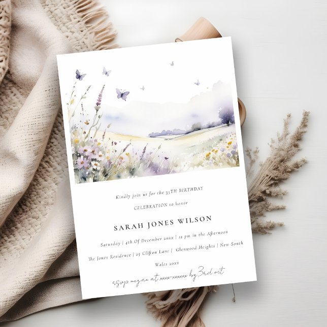 Lilac Wildflower Butterfly Landscape Birthday Invitation (Creator Uploaded)