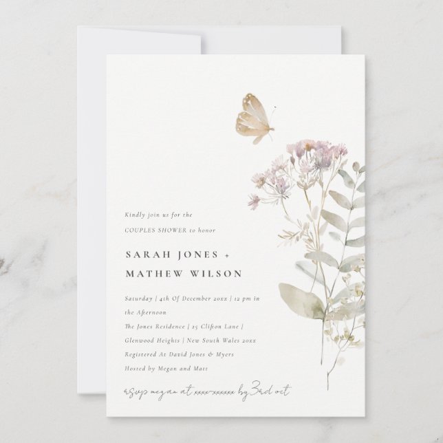 Lilac Wildflower Fern Botanical Couples Shower Invitation (Front)