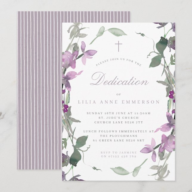 Lilac Wildflowers & Cross Dedication Invitation (Front/Back)
