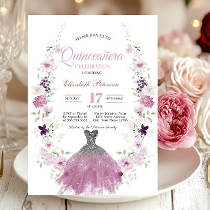 Lilac Wildflowers Glitter Dress Quinceanera Invitation