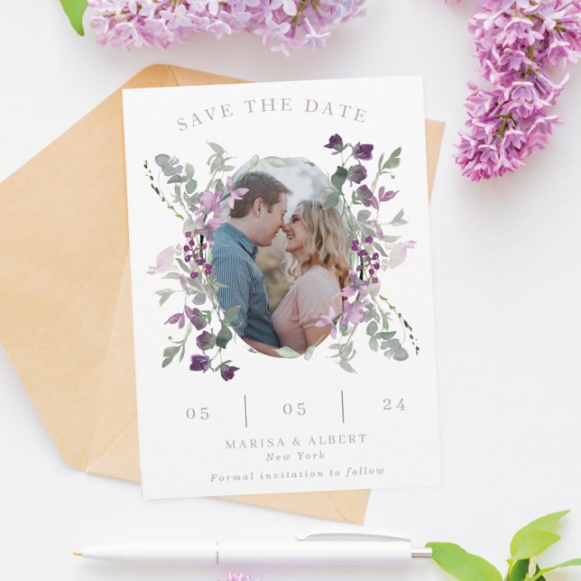 Lilac Wildflowers Oval Frame Wedding  Photo  Save The Date (Creator Uploaded)