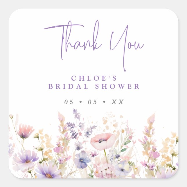 Lilac Wildflowers Thank You Bridal Shower Favour Square Sticker (Front)