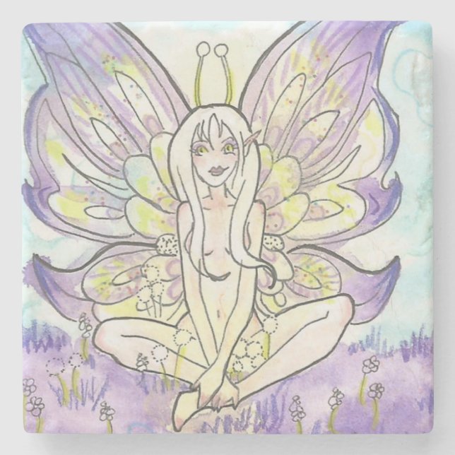 Lilac Wings Cartoon Fairy flowers Stone Coaster (Front)