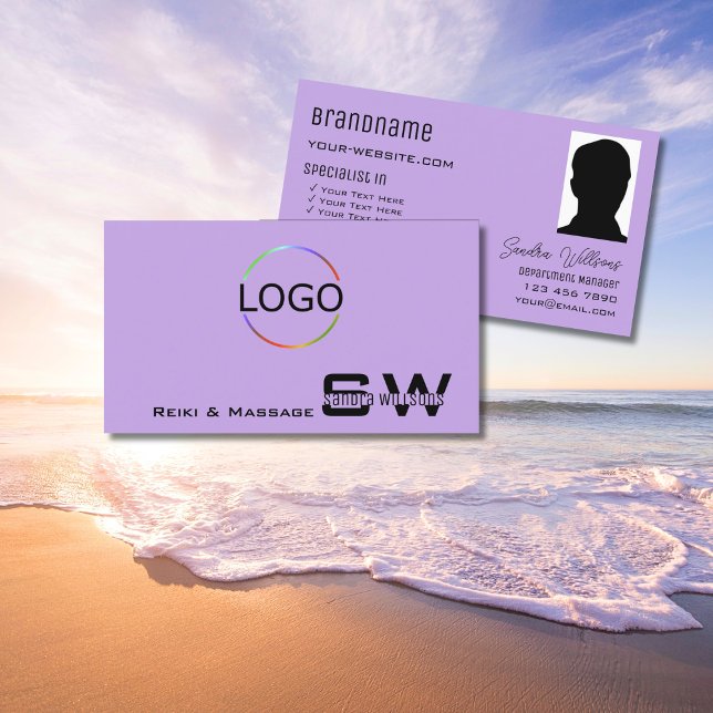 Lilac with Monogram Logo and Photo Light Purple Business Card (Creator Uploaded)