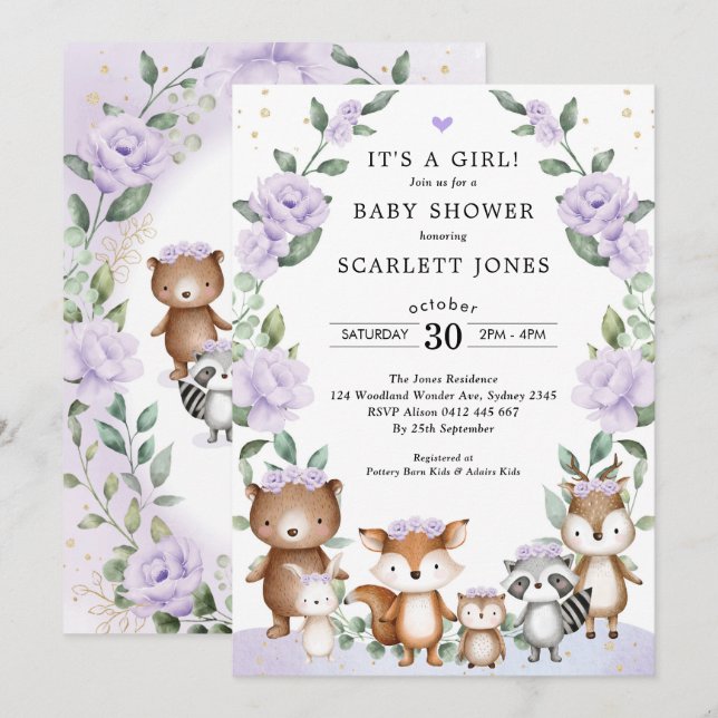 Lilac Woodland Animals Floral Wreath Baby Shower Invitation (Front/Back)