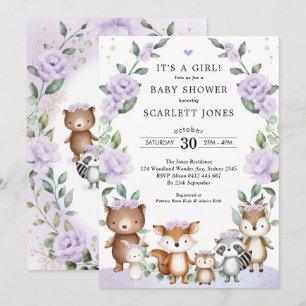 Lilac Woodland Animals Floral Wreath Baby Shower Invitation