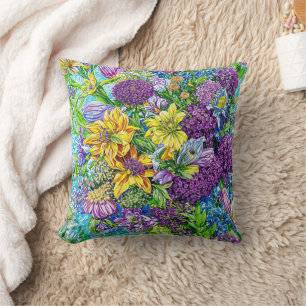 Lilac Yellow Blue Green Garden Flowers Pattern Cushion