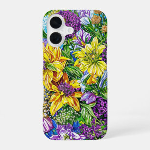 Lilac Yellow Blue Green Garden Flowers Pattern iPhone 16 Case