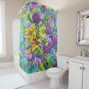Lilac Yellow Blue Green Garden Flowers Pattern Shower Curtain