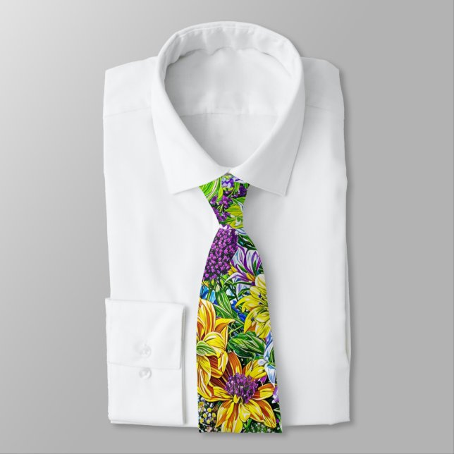 Lilac Yellow Blue Green Garden Flowers Pattern Tie (Tied)