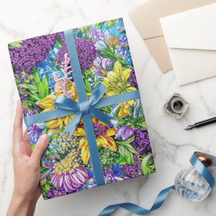 Lilac Yellow Blue Green Garden Flowers Pattern Wrapping Paper
