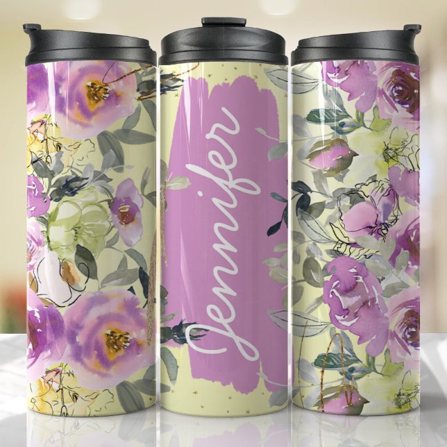Lilac Yellow Floral Add Name Custom Gift Thermal Tumbler (Floral Personalized Tumbler)