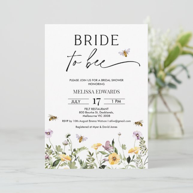 Lilac Yellow Floral Meant to Bee Bridal Shower Invitation (Standing Front)