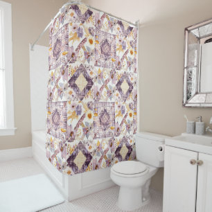Lilac Yellow Patchwork Quilt Rustic Floral Retro  Shower Curtain
