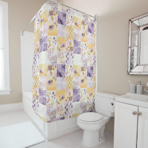 Lilac Yellow Patchwork Quilt Rustic Floral Retro  Shower Curtain