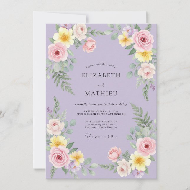 Lilac Yellow Ranunculus Eucalyptus Wedding Invitation (Front)