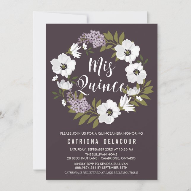 Lilacs and Anemones Floral Wreath Quinceañera Invitation (Front)