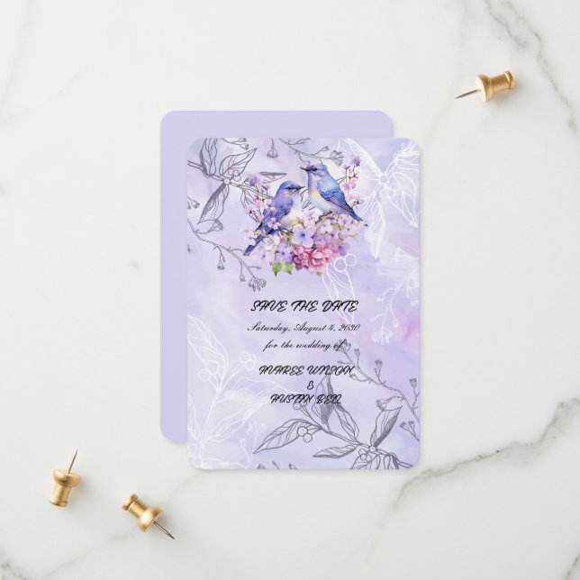 Lilacs and Bluebirds Save The Date (Front/Back In Situ)