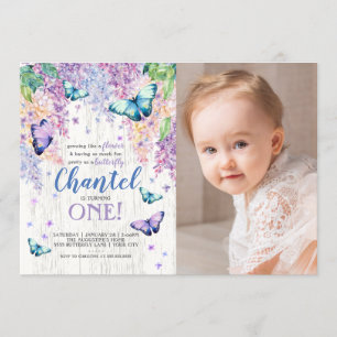Lilacs and Butterfly Photo Birthday Invitation