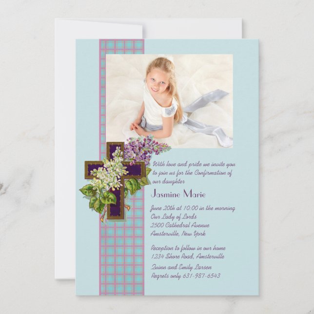 Lilacs and Crucifix Religious Photo Invitation (Front)