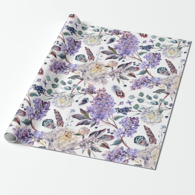 Lilacs And Peonies Flowers Wrapping Paper (Unrolled)