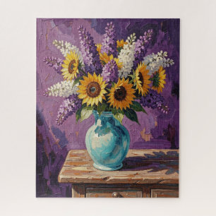 Lilacs and Sunflowers Botanical Design Jigsaw Puzzle