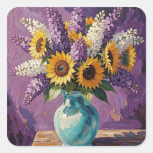 Lilacs and Sunflowers Botanical Design Square Sticker