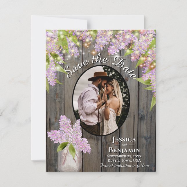 Lilacs & Colourful Lights on Barn Wood Wedding Save The Date (Front)