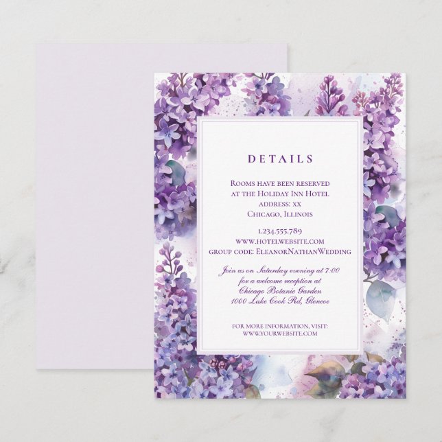  Lilacs Frame Spring Summer Wedding Details Enclosure Card (Front/Back)