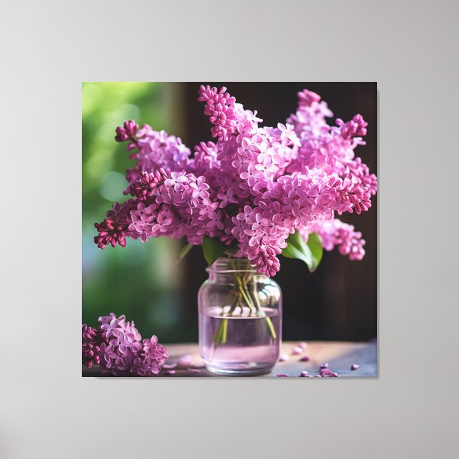 Lilacs in a Glass Vase with Depth of Field Canvas Print (Front)