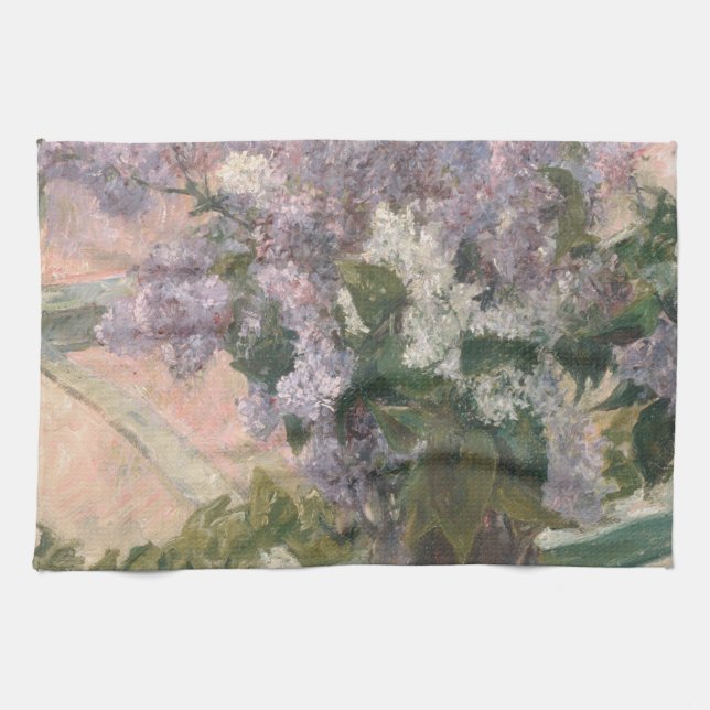 Lilacs in Window by Mary Cassatt American Painter Tea Towel (Horizontal)