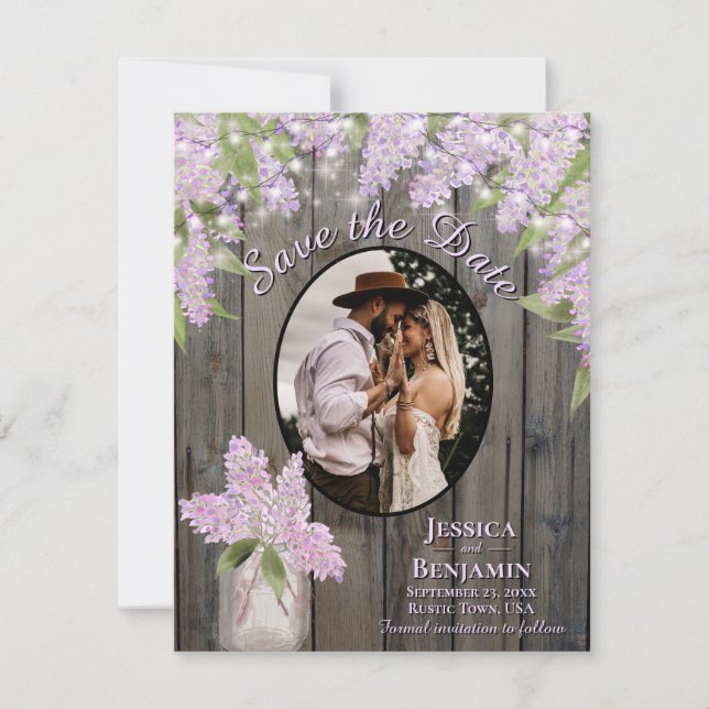 Lilacs & Lights on Barn Wood Purple Wedding Save The Date (Front)