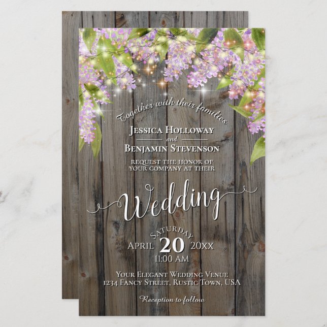 Lilacs & Lights on Wood BUDGET Wedding Invitation (Front/Back)