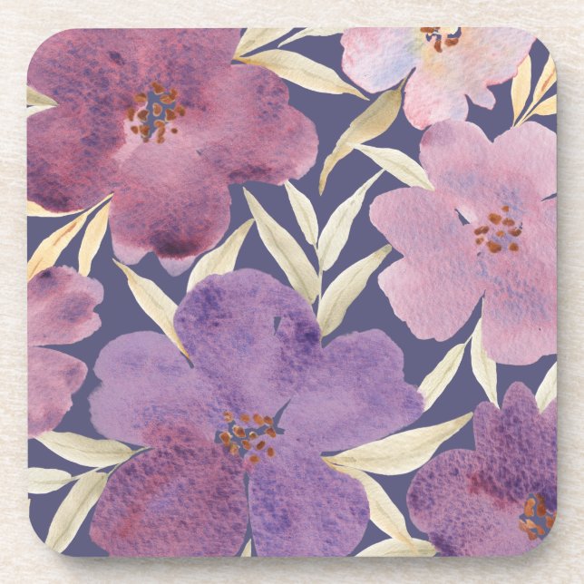 Lilacs on watercolor violet background coaster (Front)