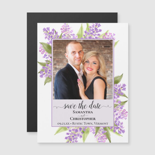 Lilacs & Photo Lavender Wedding Save the Date Magnetic Invitation (Front/Back)
