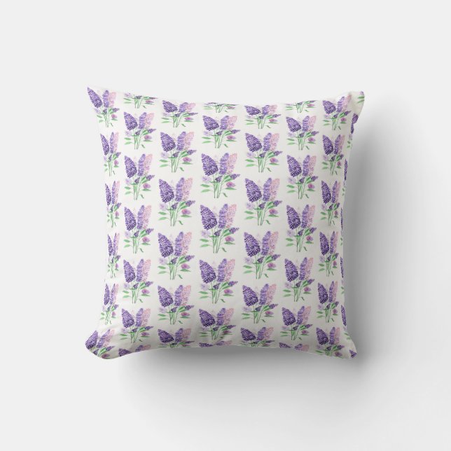 Lilacs Purple Flowers Watercolor Nature Pattern Cushion (Front)