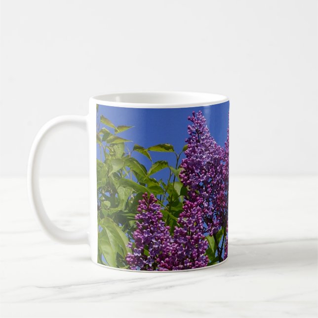 lilacs, real lilac image, blue sky, purple flowers coffee mug (Left)