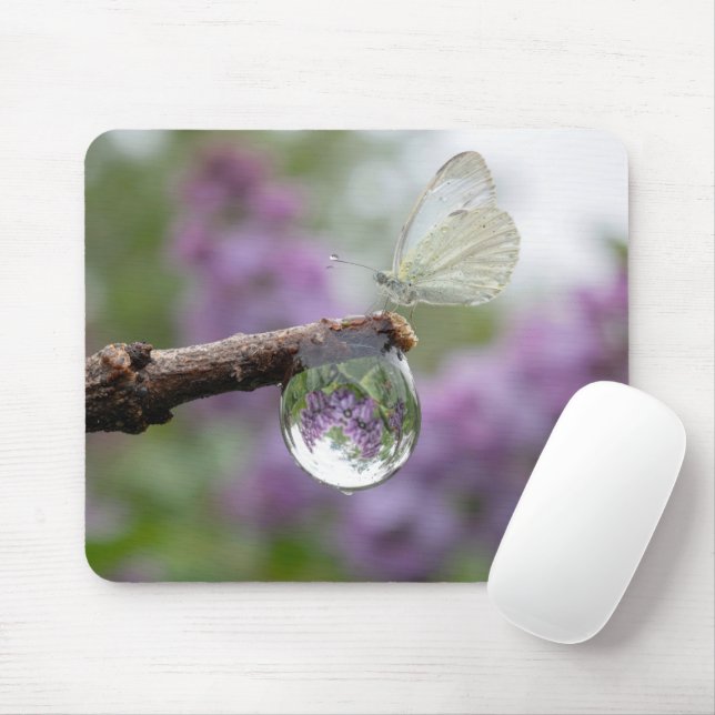 Lilacs Reflection in a Raindrop with Butterfly Mouse Mat (With Mouse)