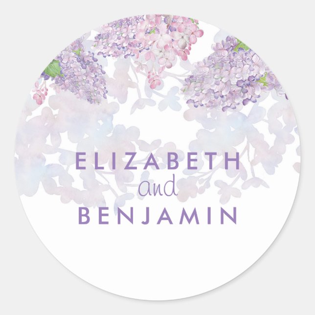 Lilacs Watercolor Floral Elegant Wedding Classic Round Sticker (Front)