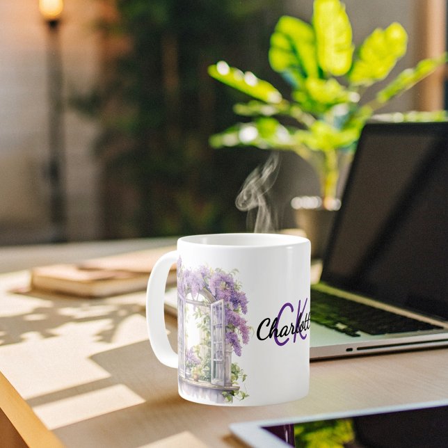 Lilacs window flowers lavender monogram coffee mug (Creator Uploaded)