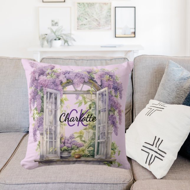 Lilacs window flowers pink monogram cushion (Creator Uploaded)