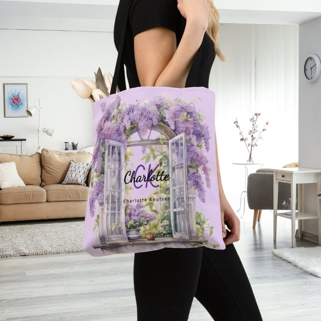 Lilacs window flowers pink monogram tote bag (Creator Uploaded)