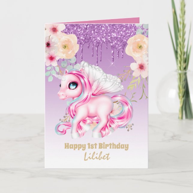 Lilibet 1st Birthday Cards - Princess Unicorns (Front)