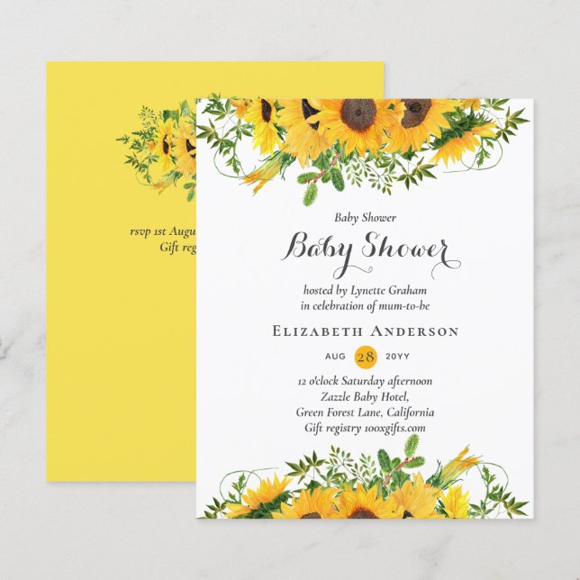 Lilibet Baby Girls Sunflower Baby Shower Invite (Front/Back)
