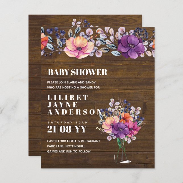 Lilibet Baby Shower Invite - Rustic Orange Purple (Front/Back)